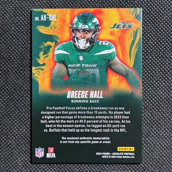 2024 Panini Absolute - Absolute Burners Breece Hall #AB-BHL (MEM) NY Jets - Picture 2 of 2